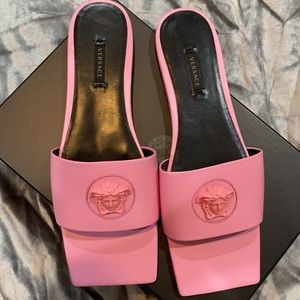 Versace Medusa head pink leather slides